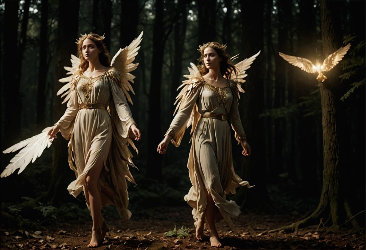 Ethereal Angel in Mystical Forest, Fantasy Artwork