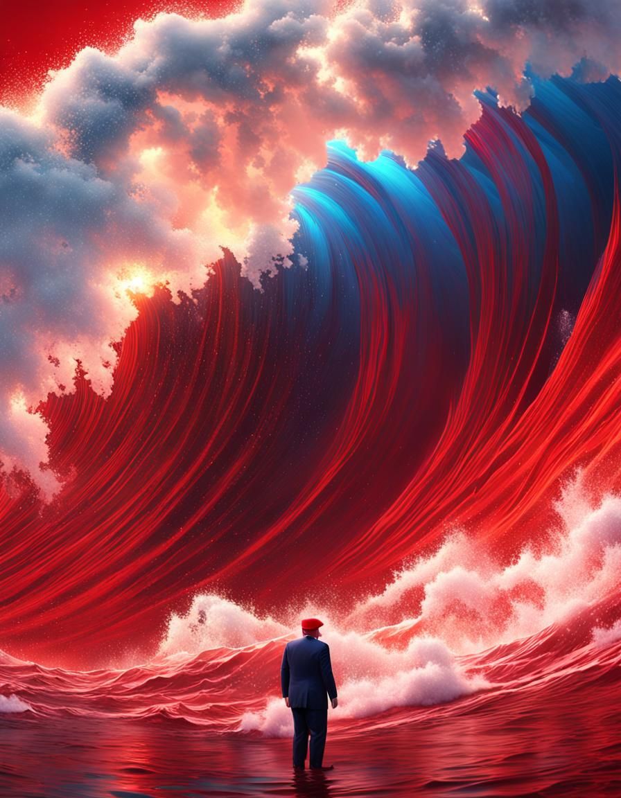 Trump in Red Wave: Hyper-Realistic Digital Art
