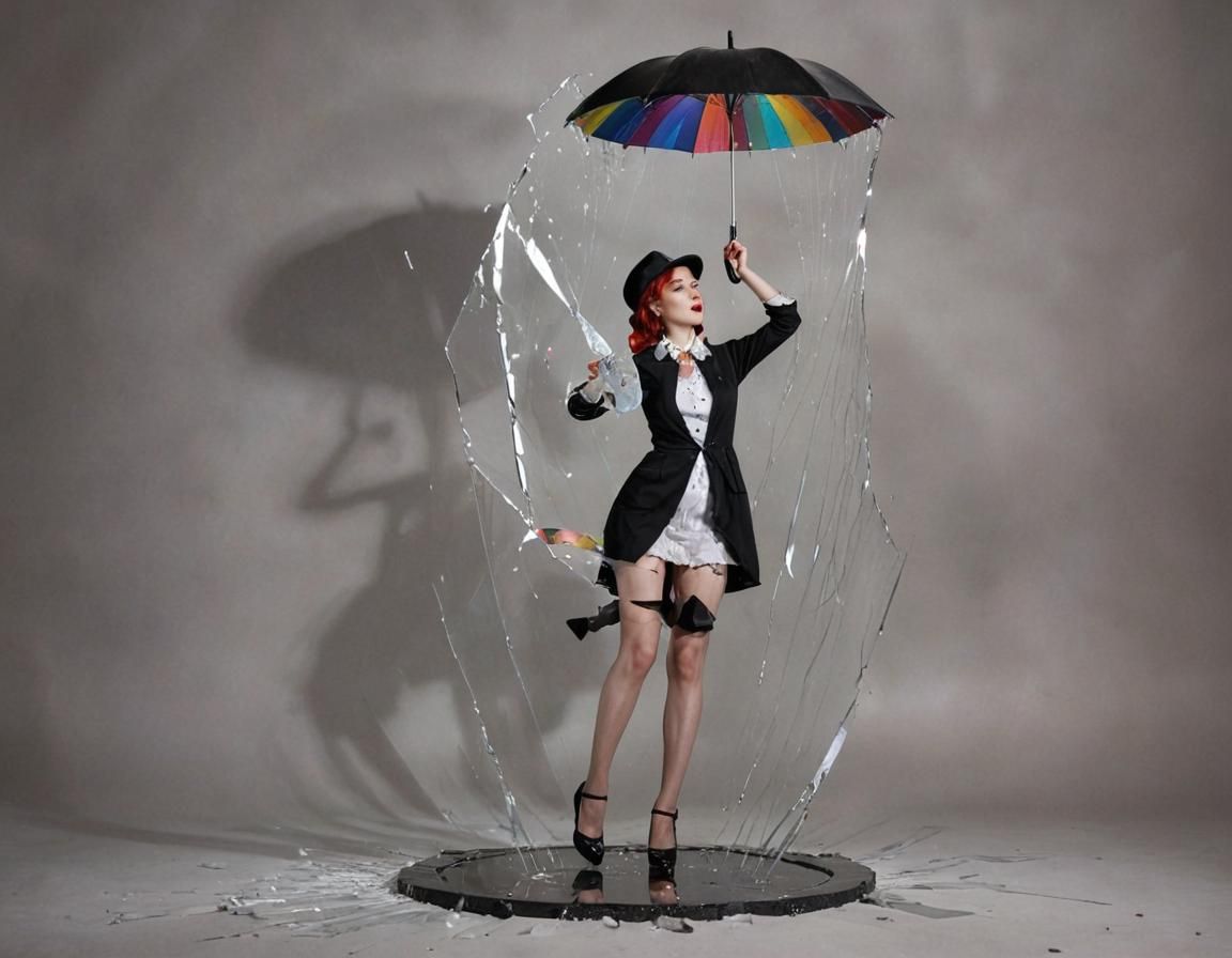 KPop Pinup Falling with Umbrella in Surreal Style