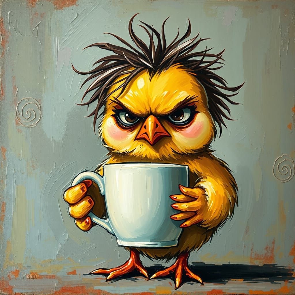 Grumpy Chick with Coffee: Neo-Impressionist Oil Painting