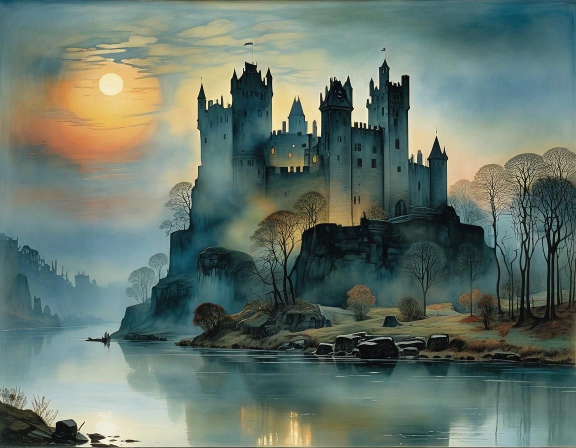 Ethereal Castle Ruin Emerges in Icy Morning Mist