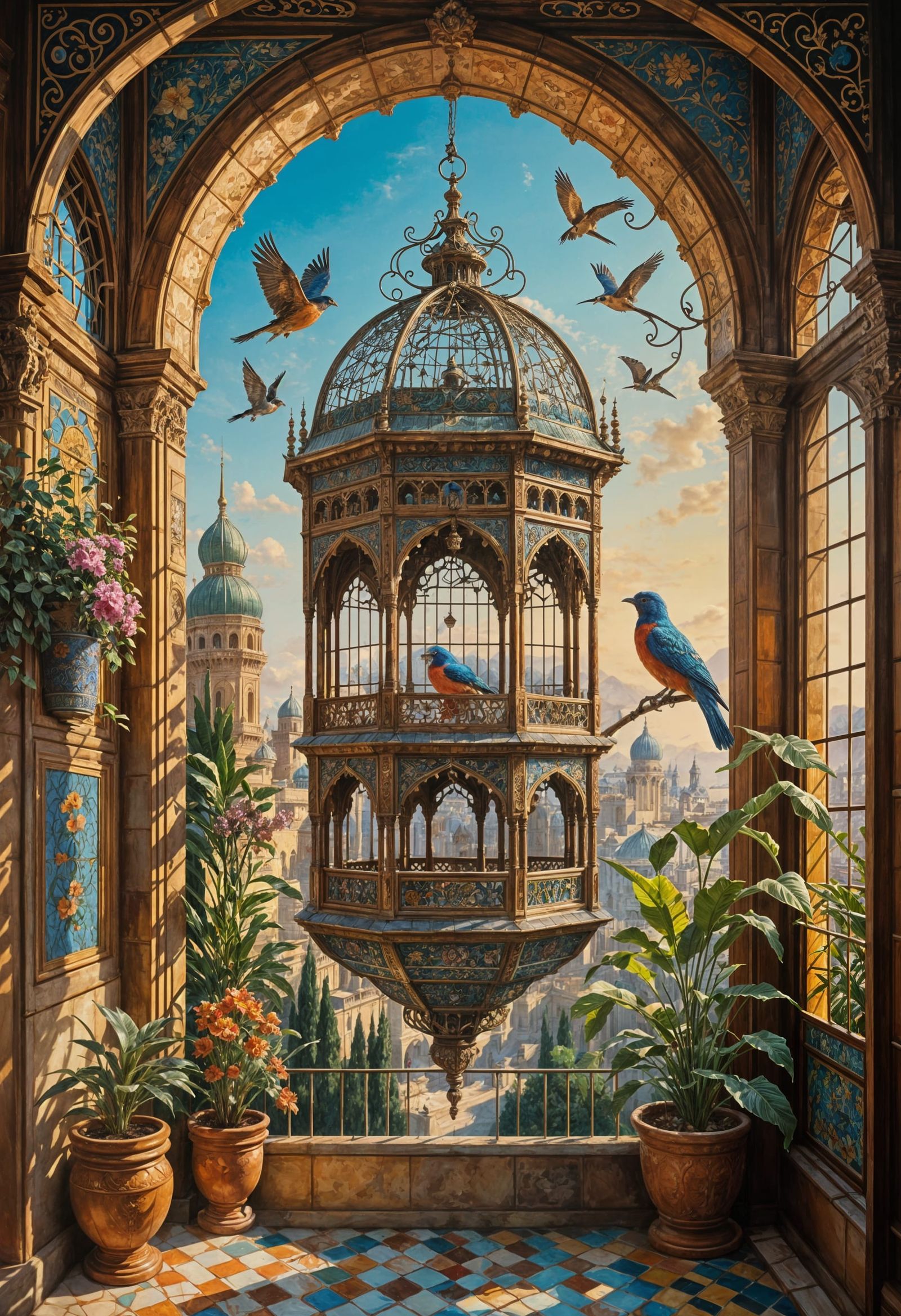 Intricate Victorian Birdcage in Oriental Palace Courtyard