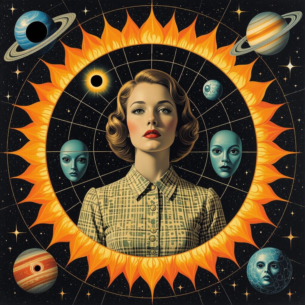 Surreal 1960s Tarot Art: Sun Grid, Space, and Aliens