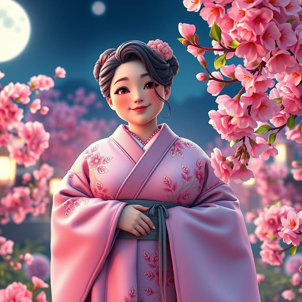 Chubby Lady in Moonlit Garden: Anime Art