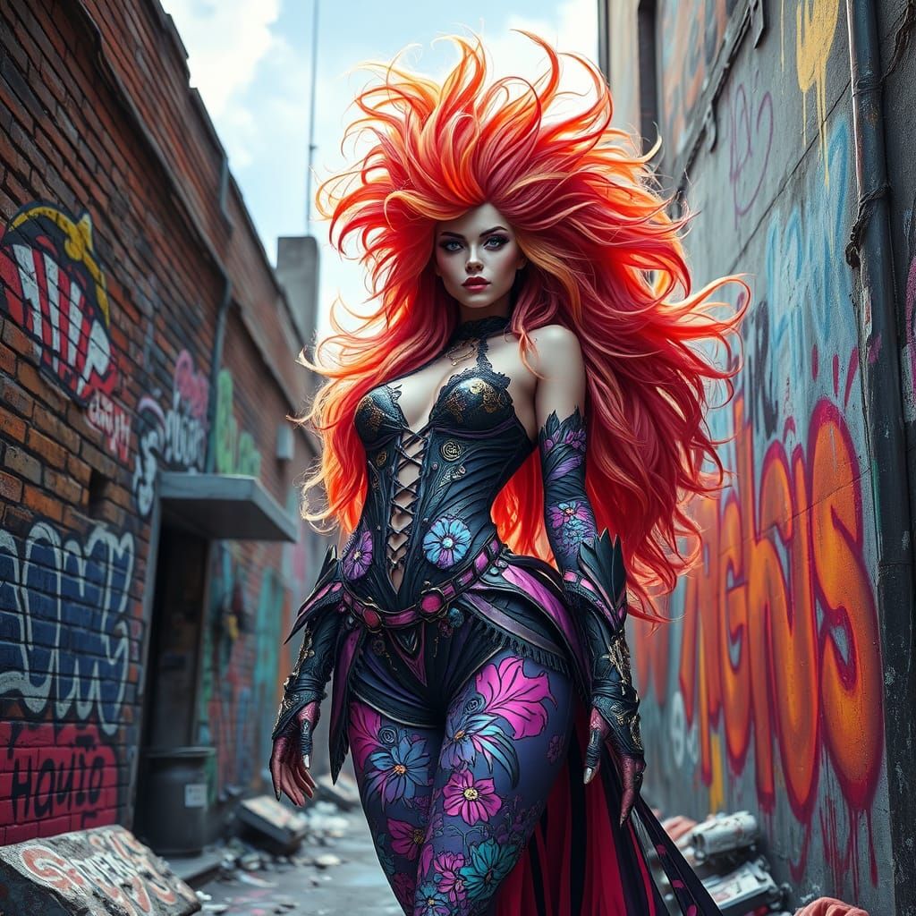 Cyberpunk Goddess Amidst Urban Decay