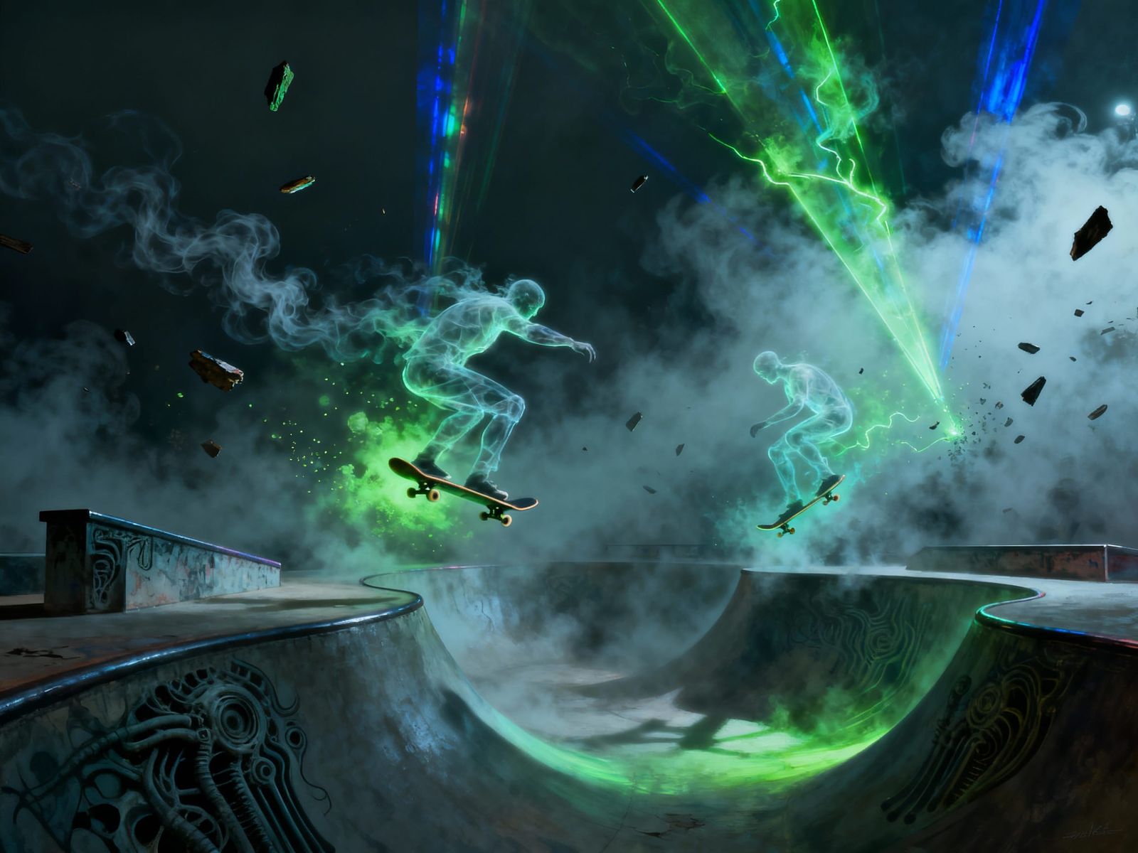Surreal Phantoms Skate Through Foggy Ramps in Digital Painti...