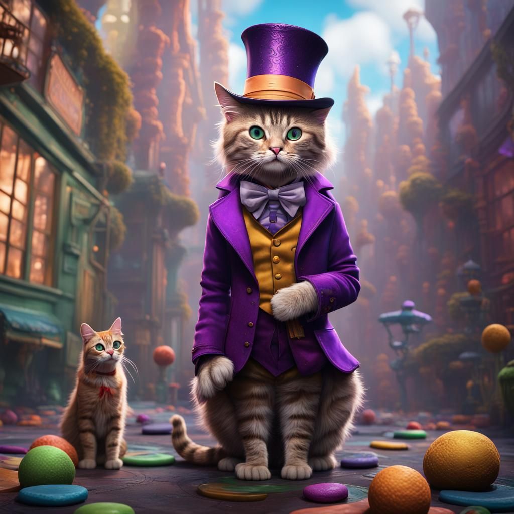 Cat Cosplay: Willy Wonka in Detailed Digital Art