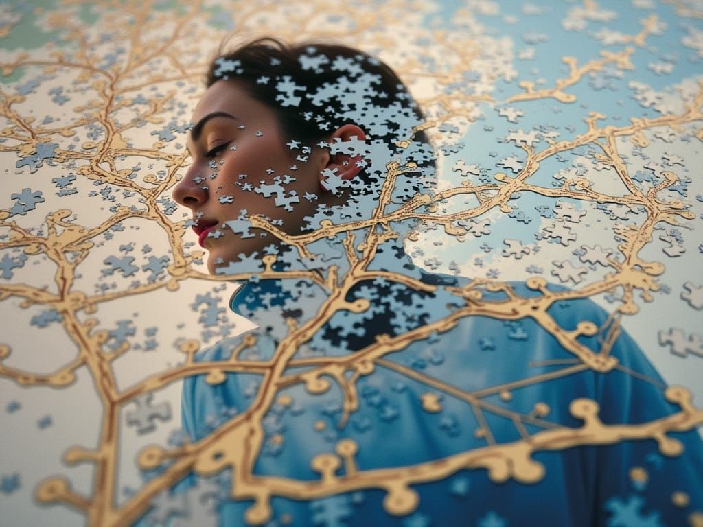 A Woman Emerge from a Storm of Geometric Puzzle Pieces in a ...