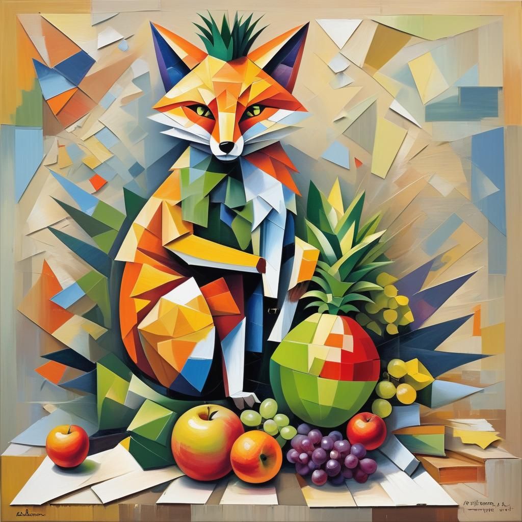 Fruit Still Life with Paper Fox, Impasto Painting