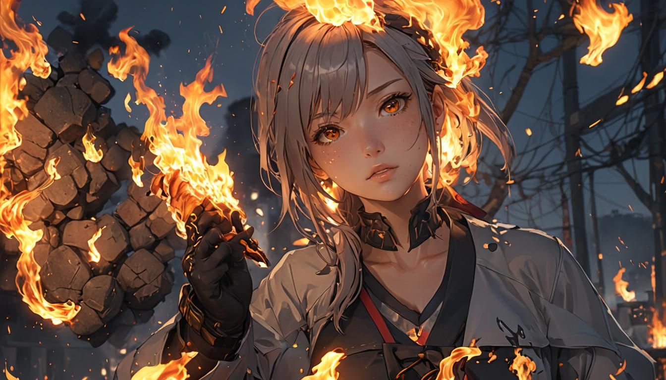 Anime Girl Burning in Fire, 3D Render
