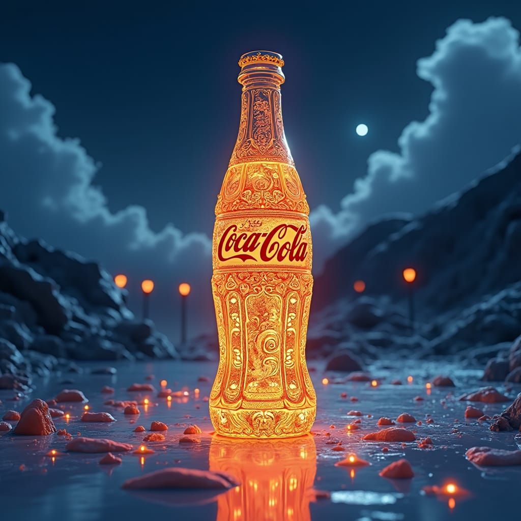Golden Coca Cola Bottle in Vibrant Anime Style