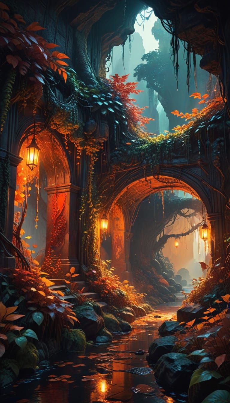 Magical Cyberpunk Cave with Autumn Colors