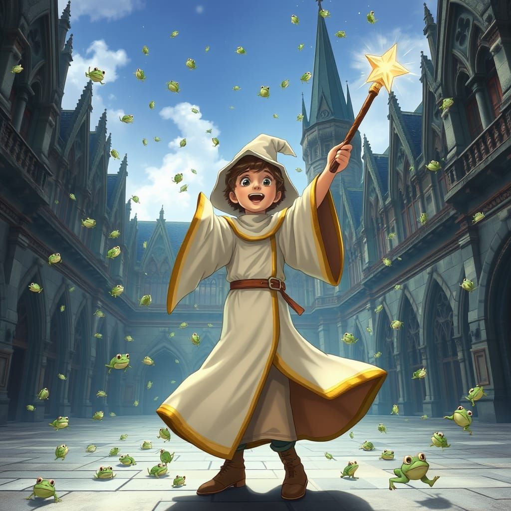 Whimsical Young Wizard in a Rain of Frogs