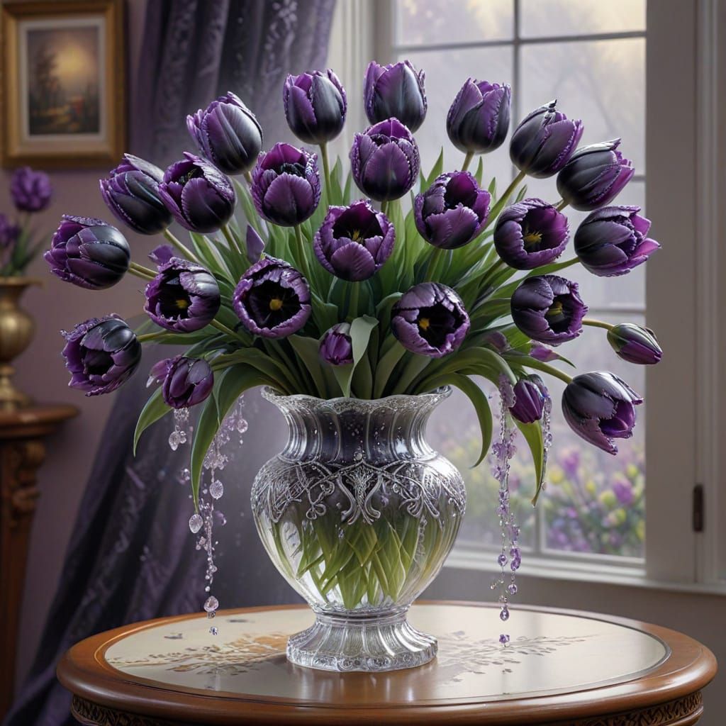 Ethereal Bouquet of Mystic Purple Tulips in Crystal Vase