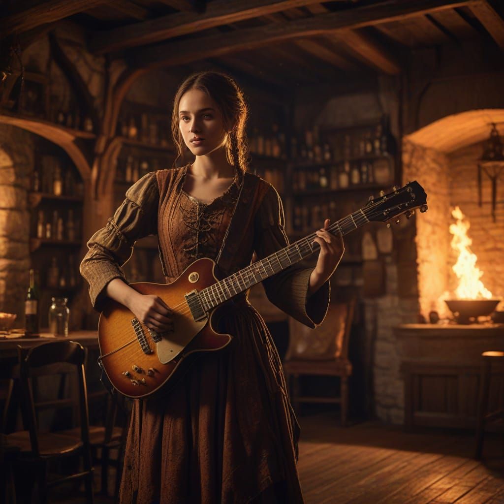 Female Bard with Electric Guitar in Medieval Tavern