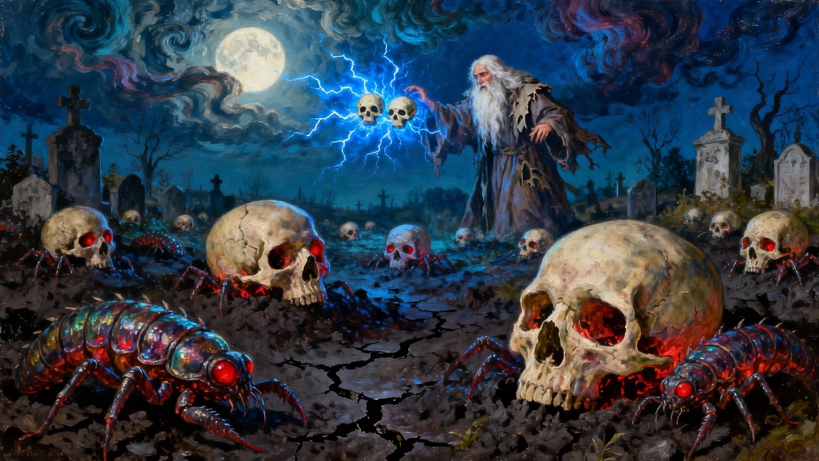 Surreal Oil Painting of Necromancy in a Bosch-Inspired Cemet...