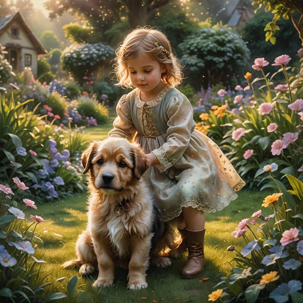 Enchanted Garden: Puppy and Child in Ethereal Light