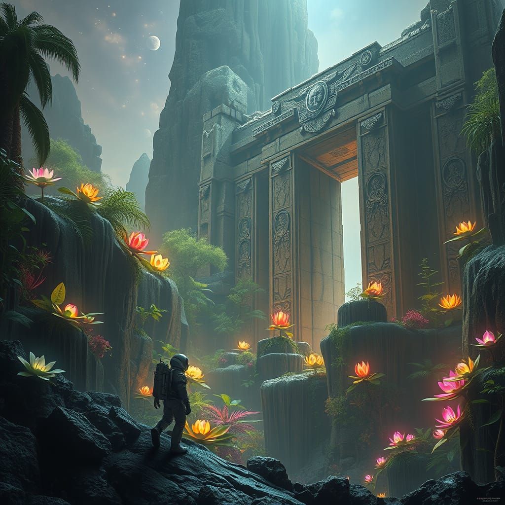Astronaut Explores Ancient Alien Ruins in Vibrant Jungle