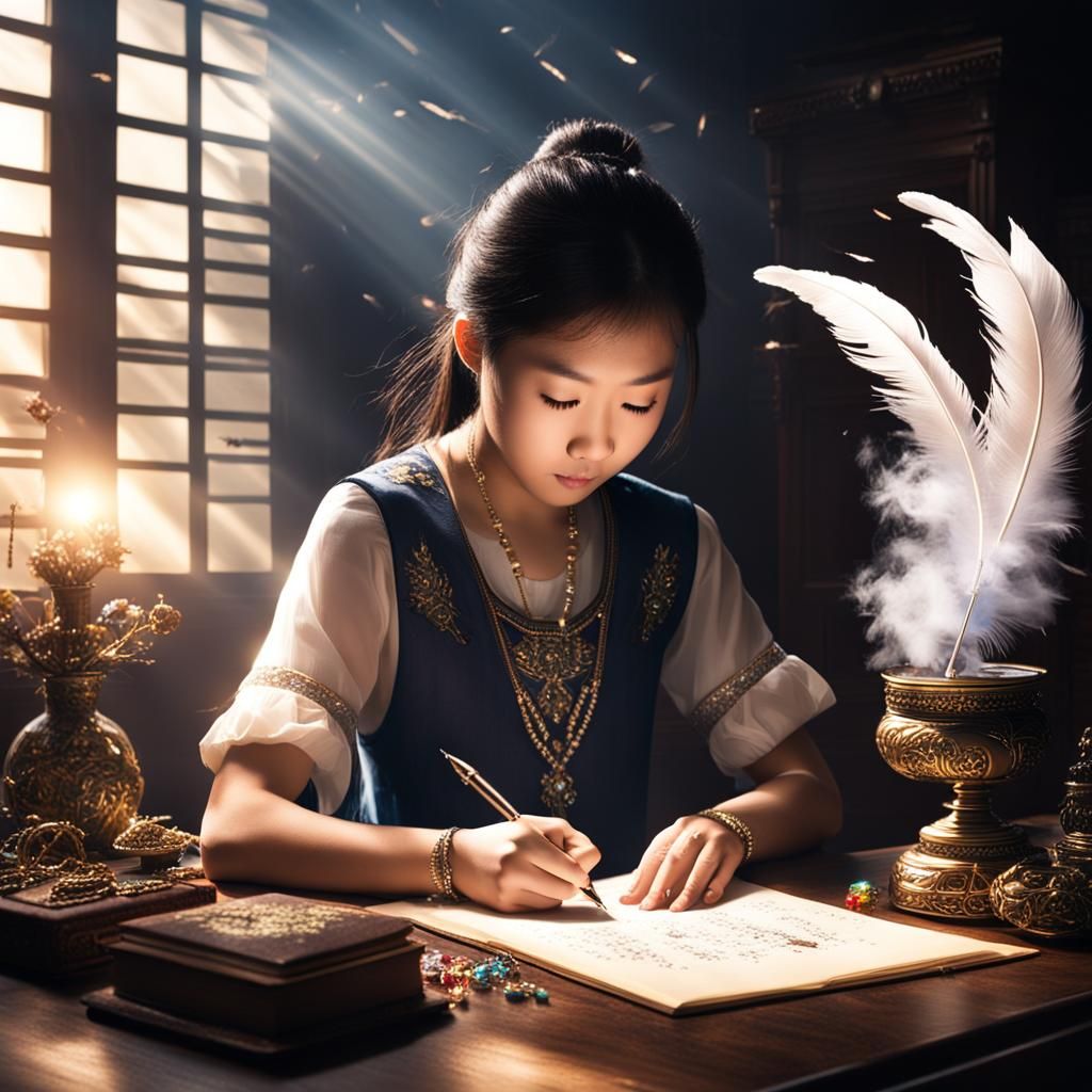 Girl Writing Novel in Divine Light