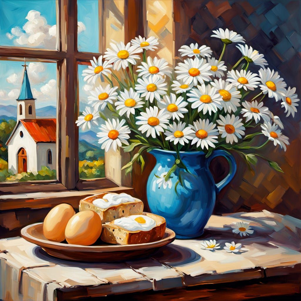 Rustic Daisies and Bread Oil Painting with Golden Domes