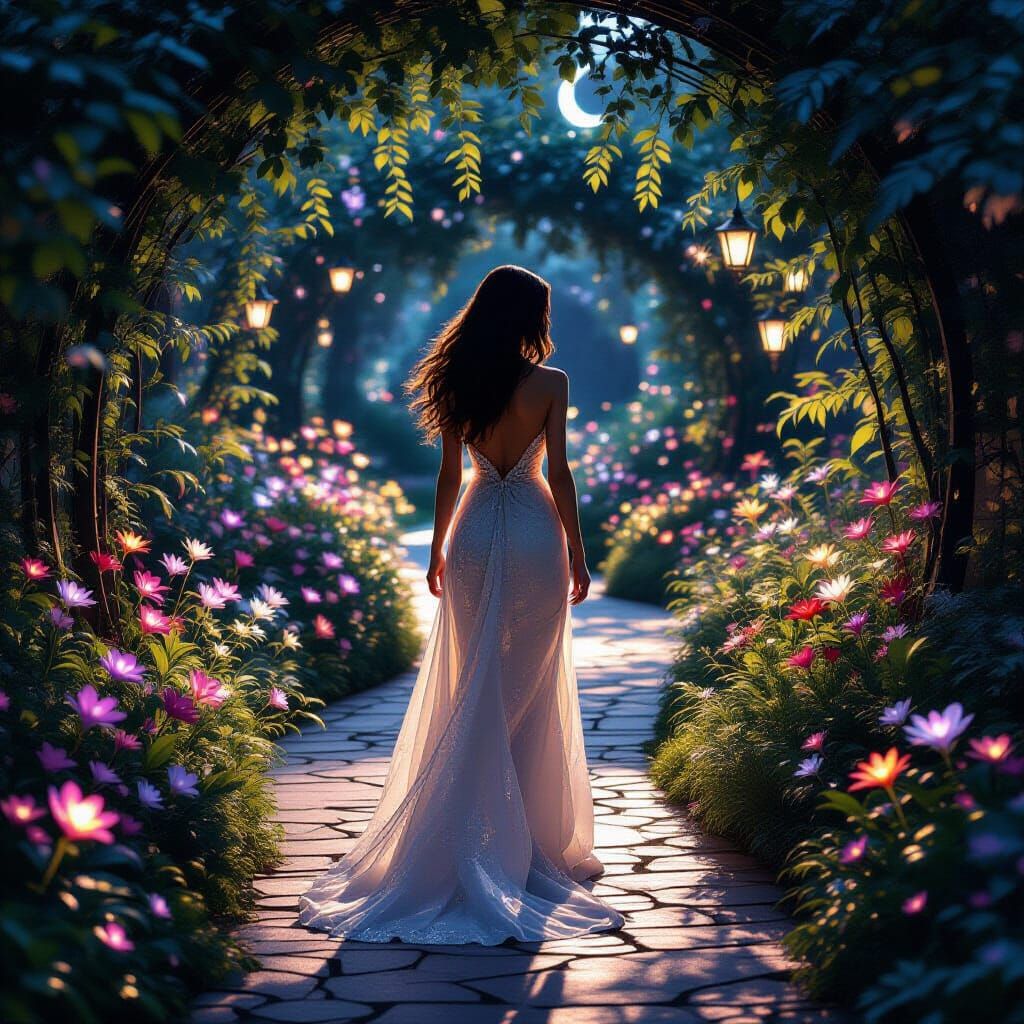 Enchanting Night Garden with Glowing Flora and Elegant Woman