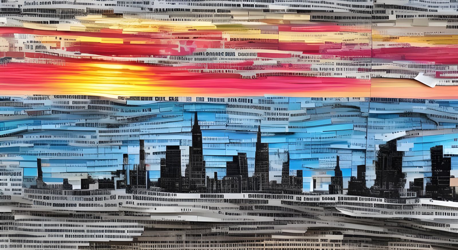 Newspaper Collage Cityscape at Sunset