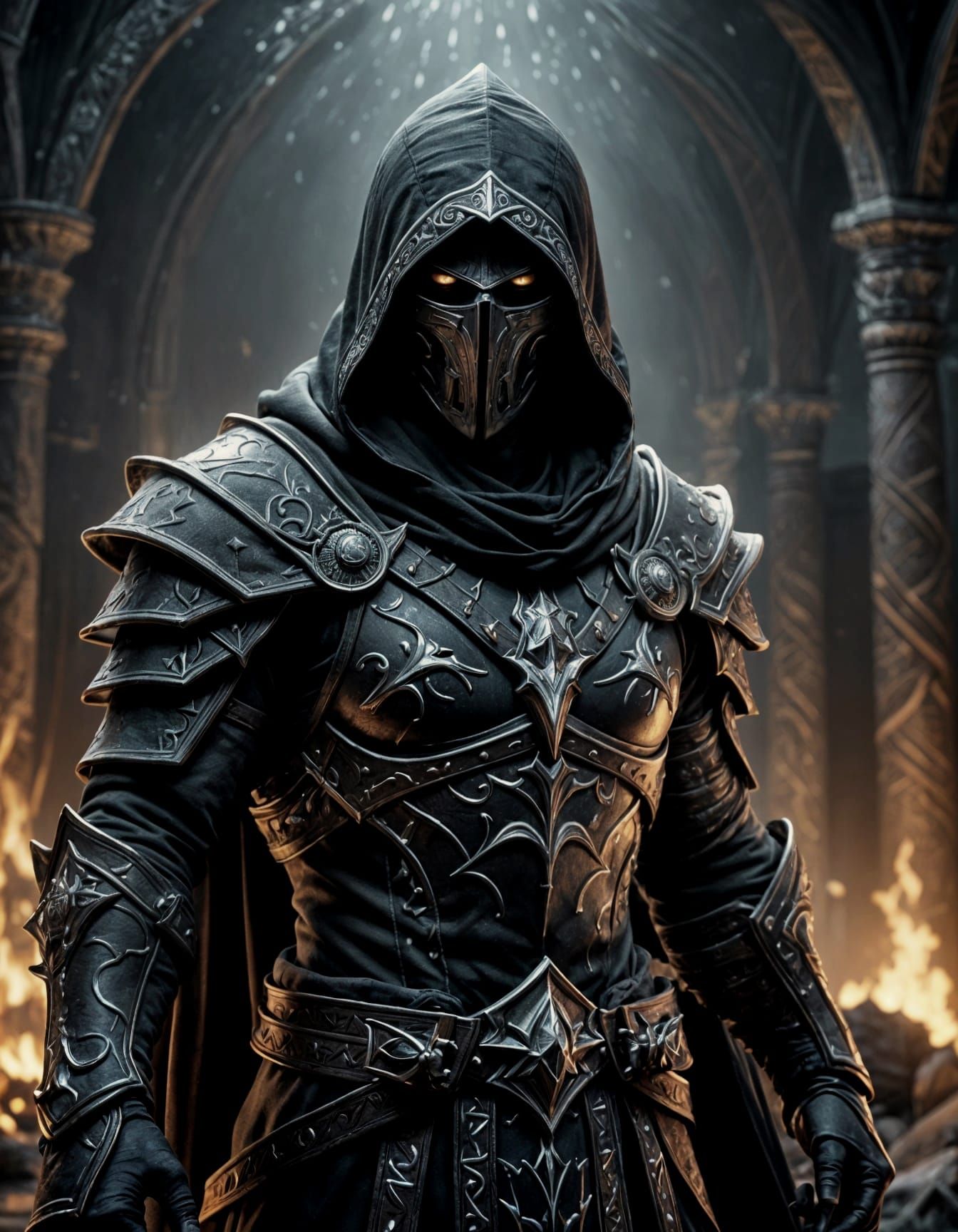 Mysterious Figure in Dark, Intricately Detailed Attire