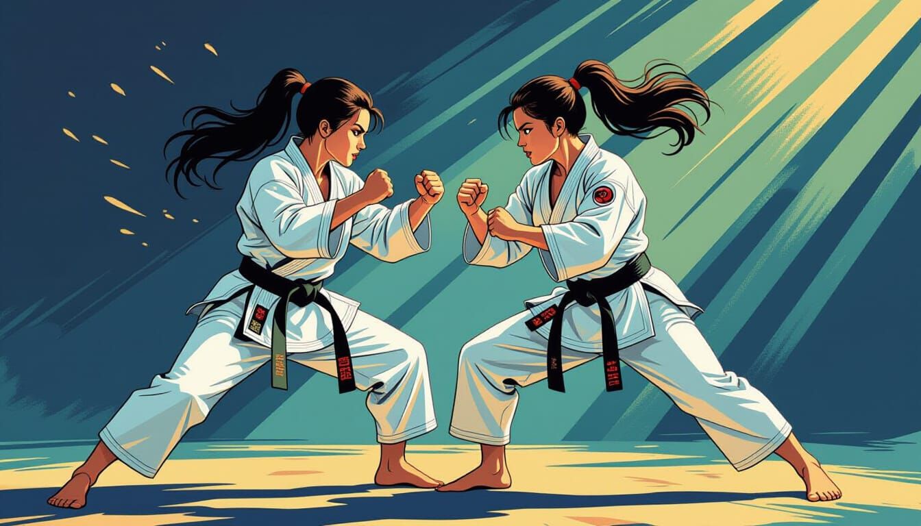 Two Athletic Women Sparring in Dynamic Karate Poses