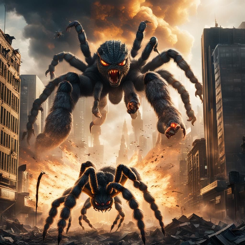 Giant Spider versus Godzilla in a Metropolis Showdown