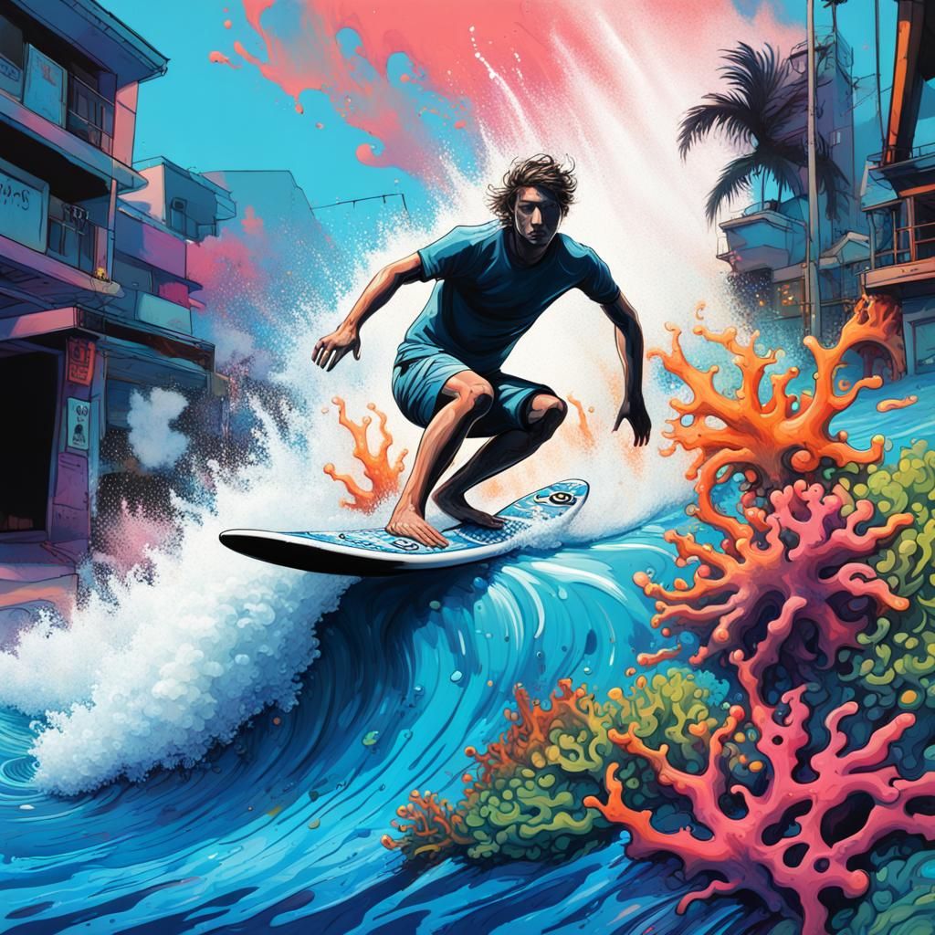 Surfer Rides Wave in Graffiti Splash Art Style