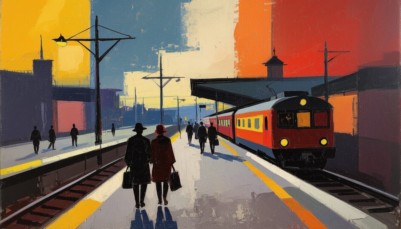 Expressive Train Station with Travelers, Bold Abstract Style