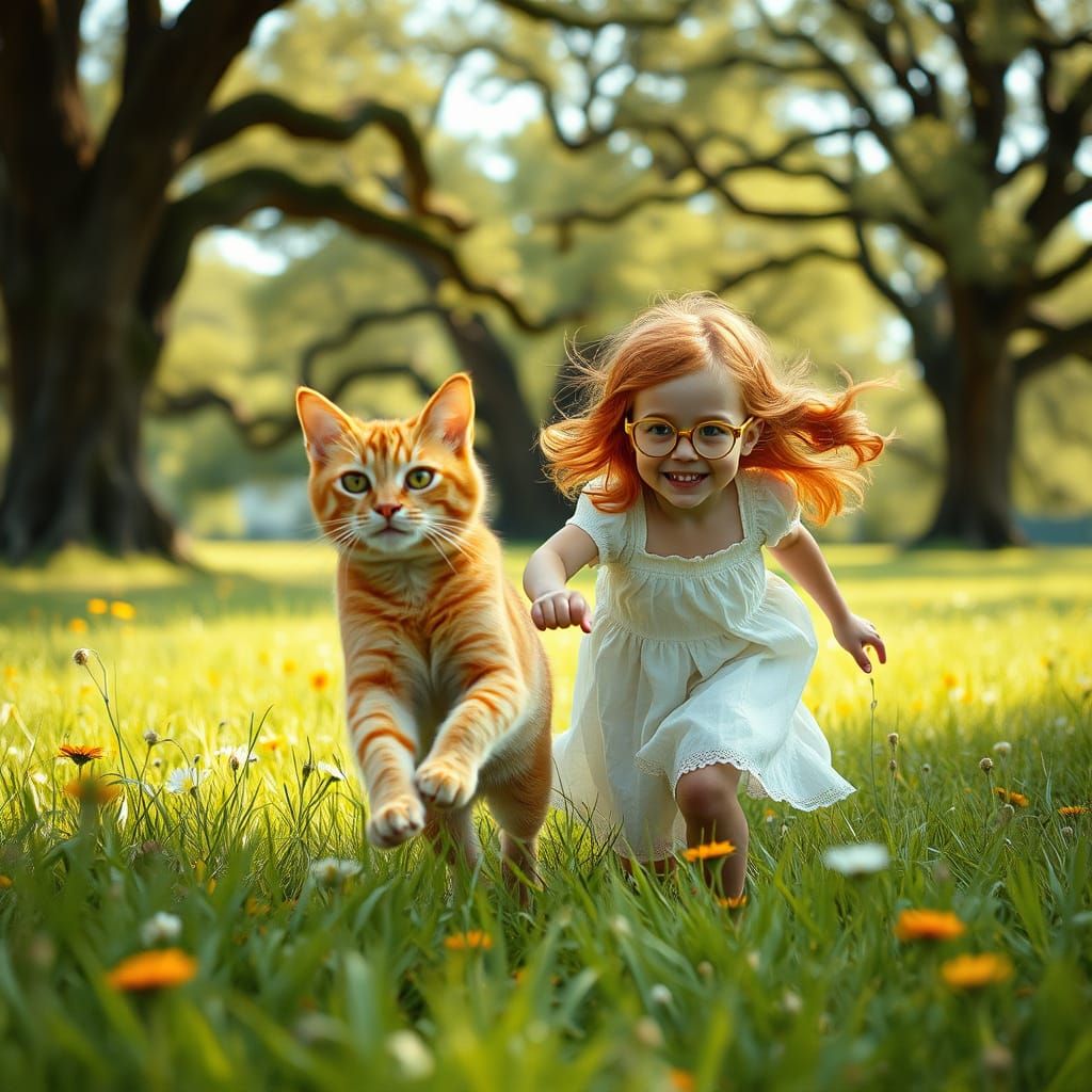 Whimsical Girl and Orange Cat in Idyllic Meadow