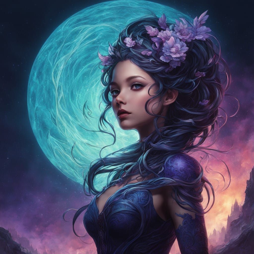 Ethereal Anime Monster in Iridescent Blues and Purples