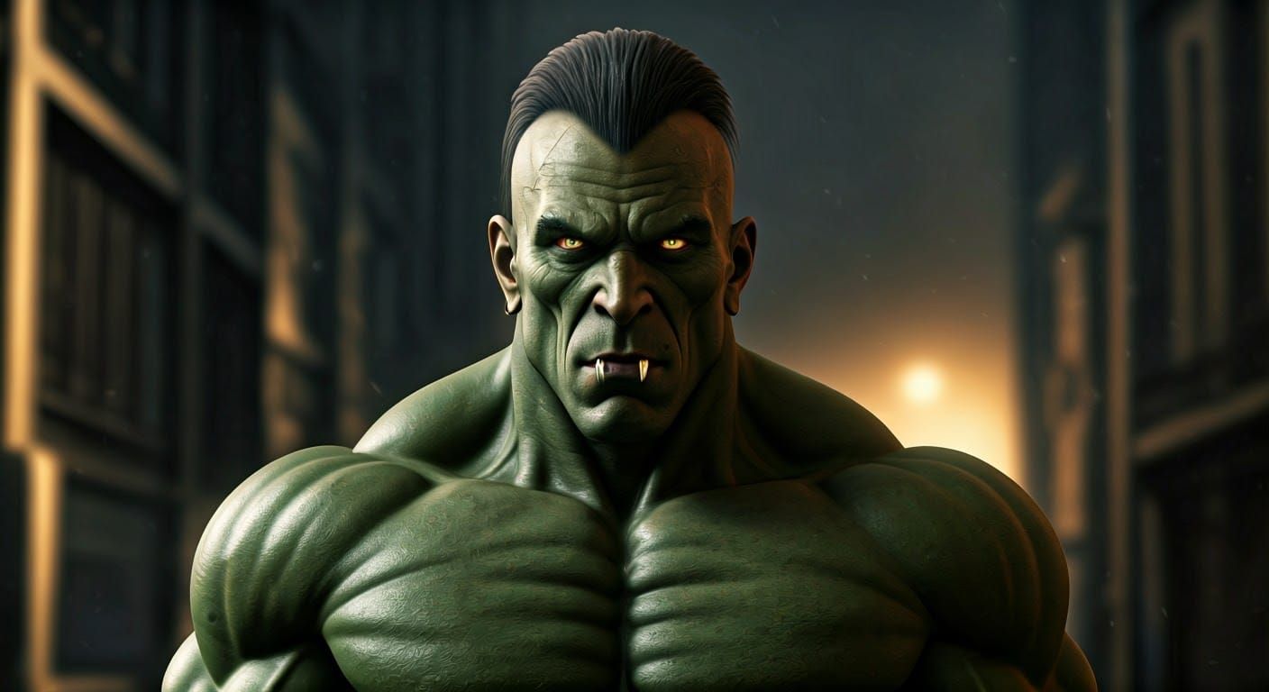 Green Warrior in a Distopian Urban Landscape