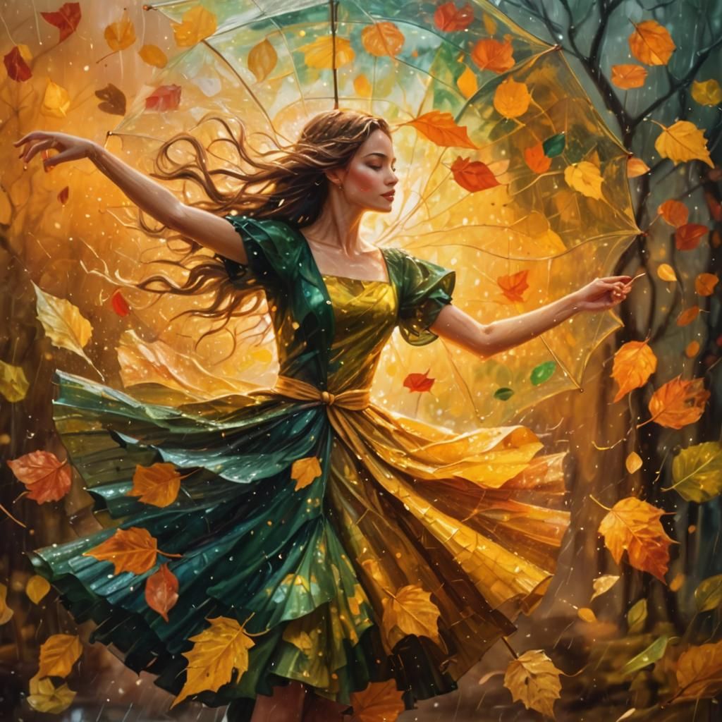 Woman Dancing in Rainy Fantasy Landscape, Oil Painting