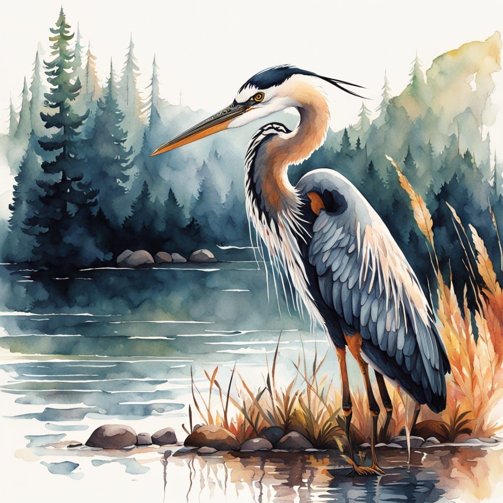 Soothing Watercolor Portrait of a Heron in Serene Nature