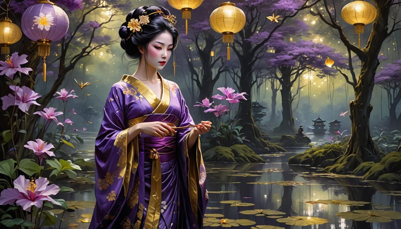 Geisha in Silk Dress Reflecting, Anime Art