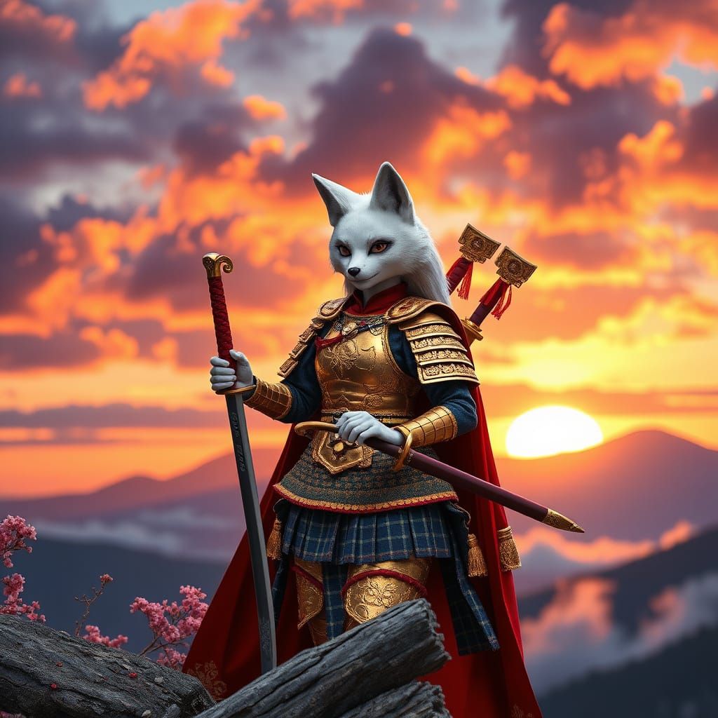 Fox Samurai on Windswept Peak: 3D Anime Art