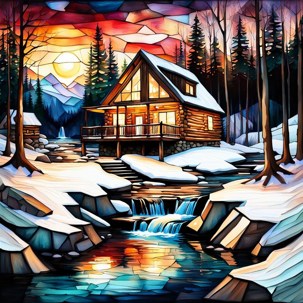 Winter Cabin Scene with Cubist Alcohol Ink Effect