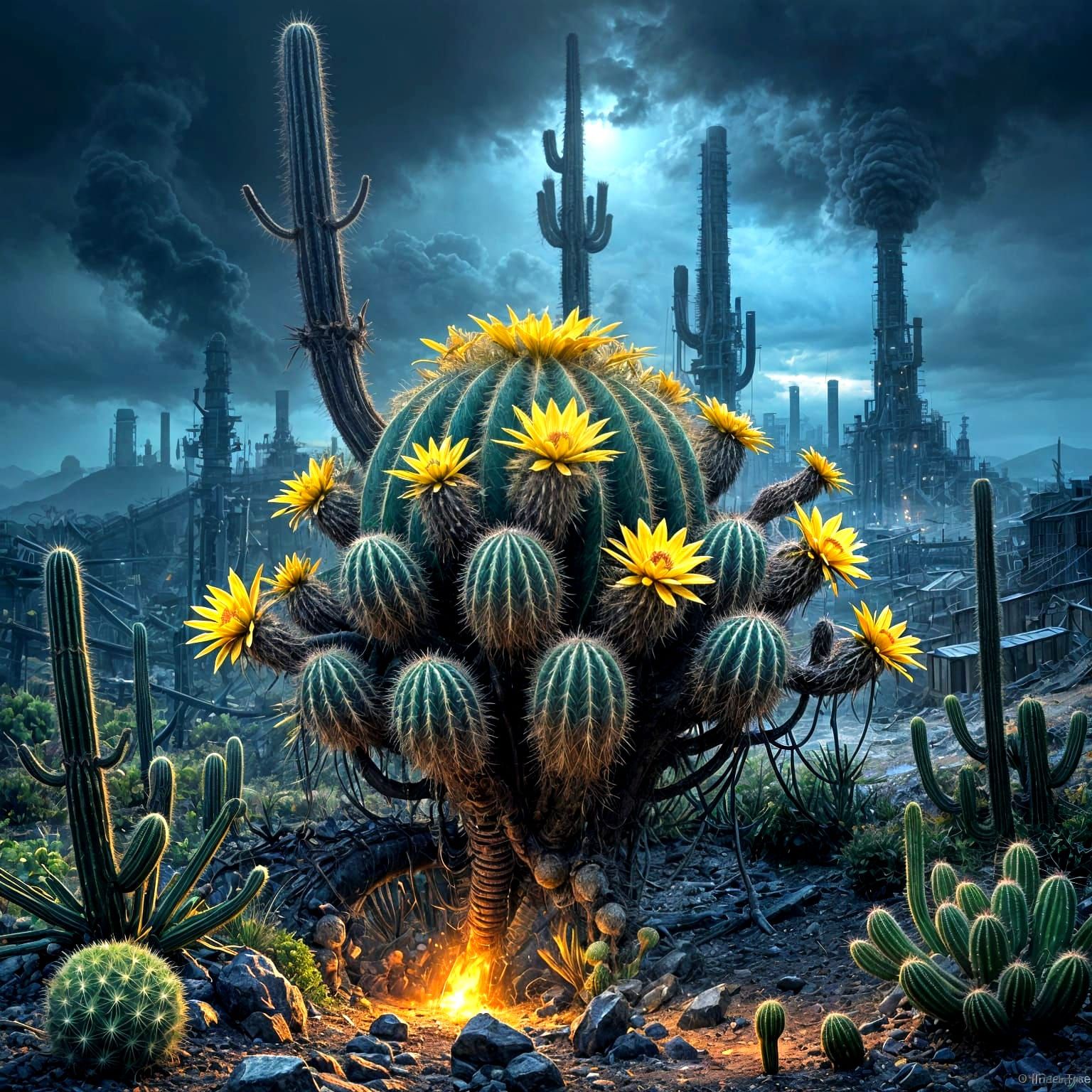 Twisted Industrial Cacti in Vivid Oil Painting Style