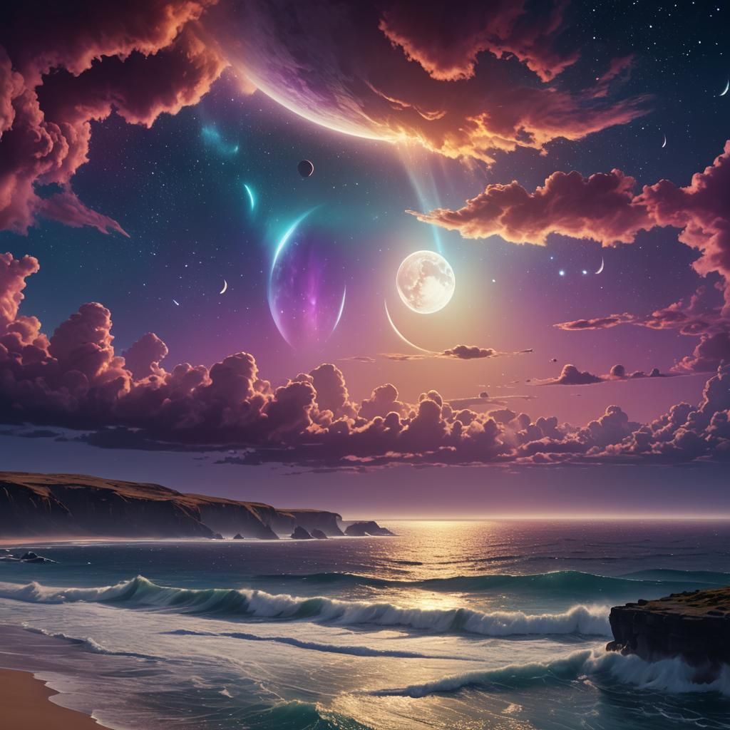 Spaceship Drifting Above Water Planet with Three Moons