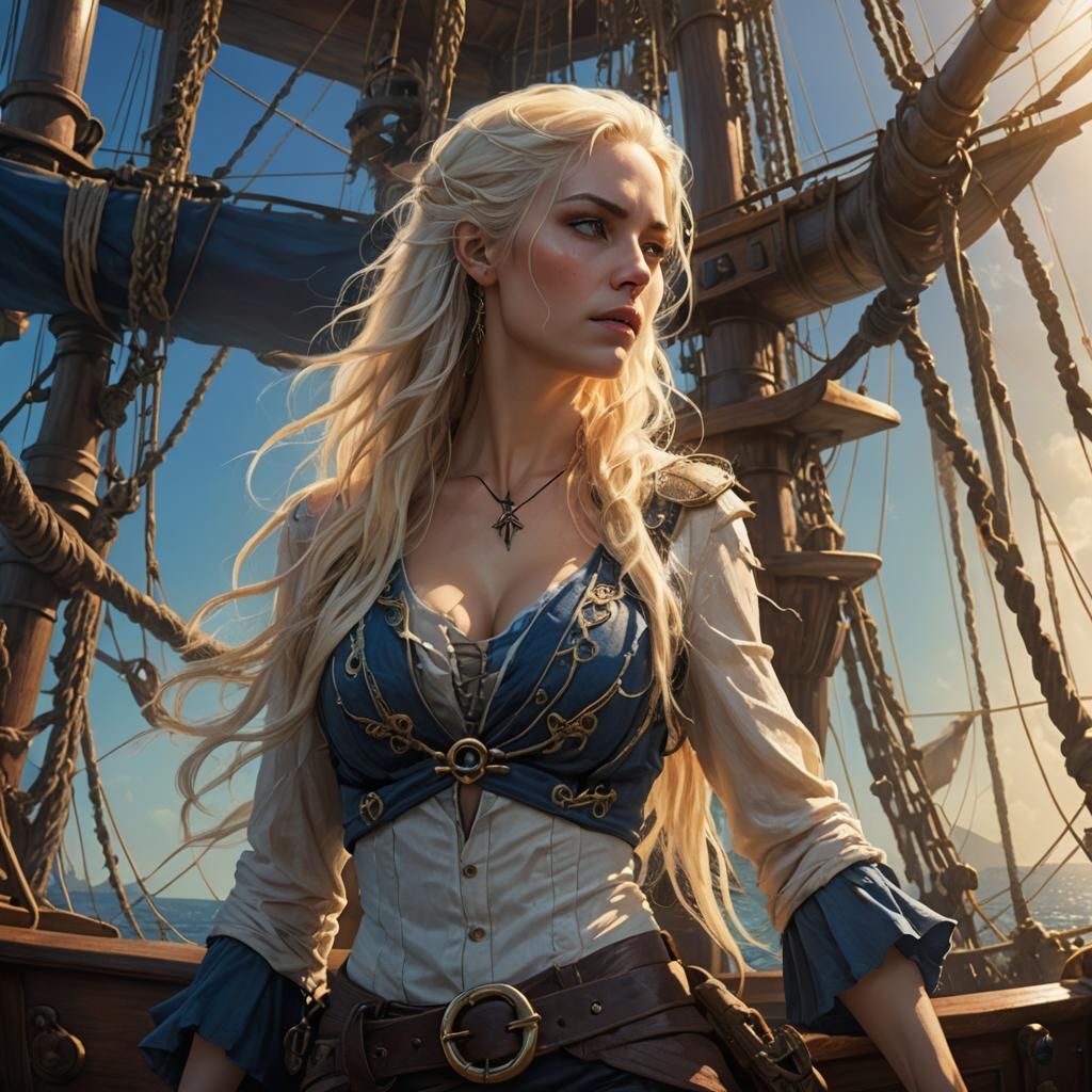 Platinum Blonde Pirate on Ship, Fantasy Art