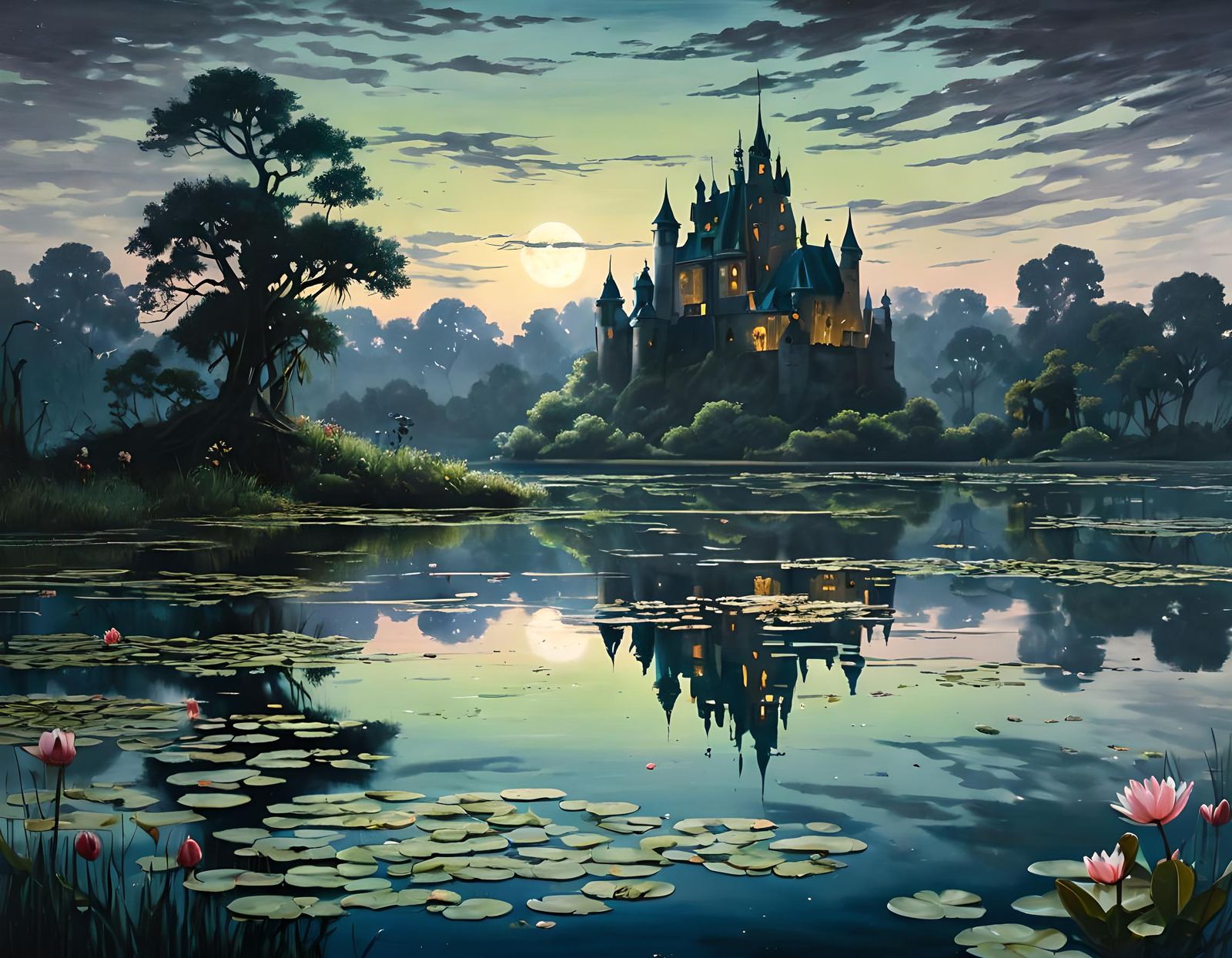 Tranquil Moonlit Lake with Distant Castle: Oil Painting