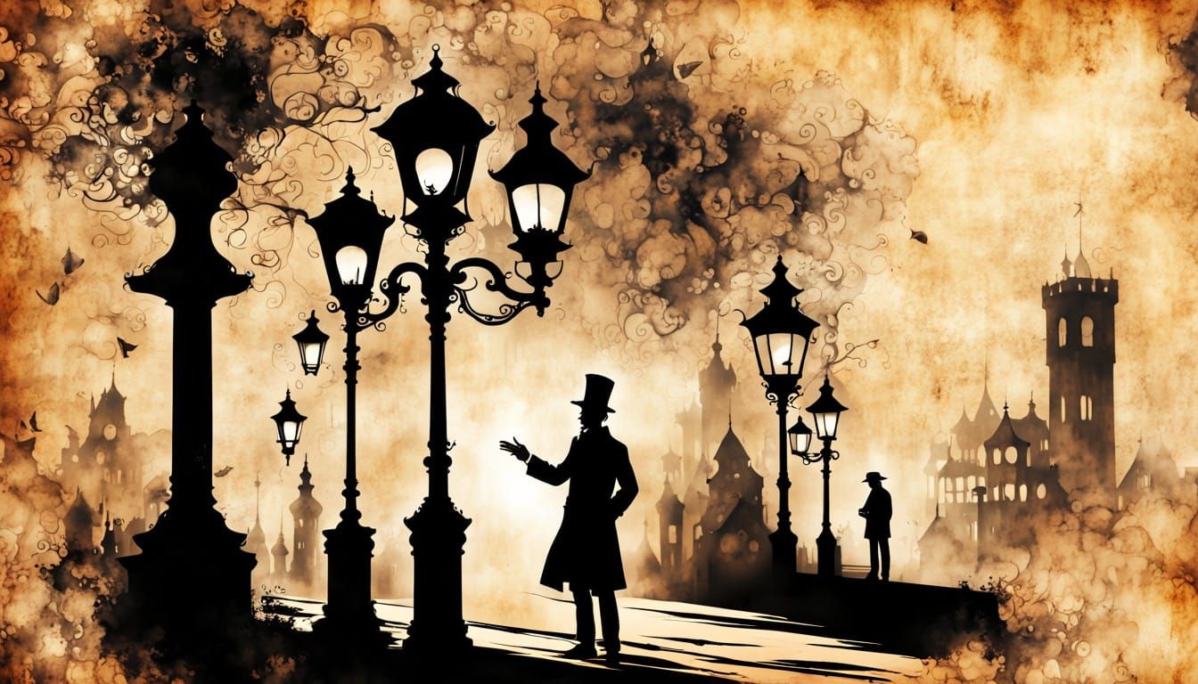 Steampunk Magician Illuminated by Street Lanterns in Modern....