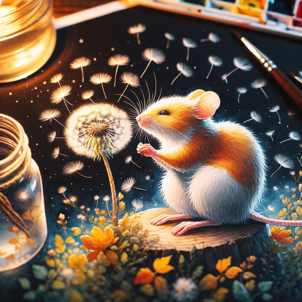 Mouse Blowing Dandelion Seeds in Autumn Watercolor