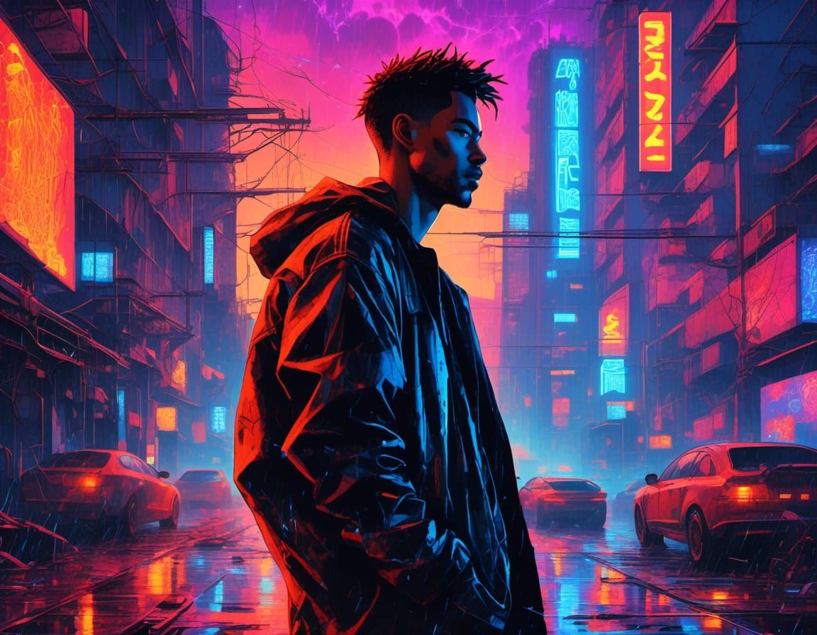 Cybernetic Cyborg in Dystopian Cyberpunk Cityscape