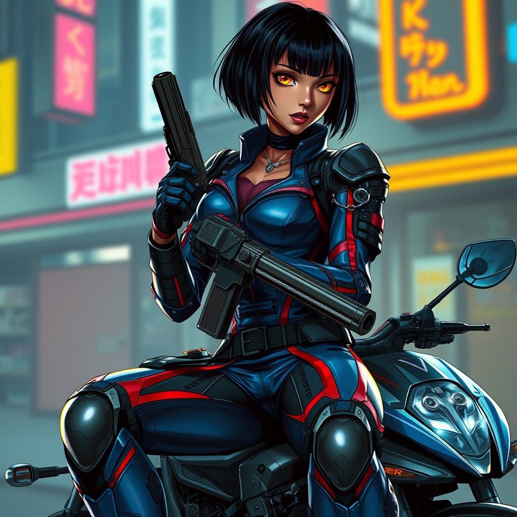 Cyberpunk Kunoichi in Neon Motorcycle Gear, Gold Eyes, Volup...