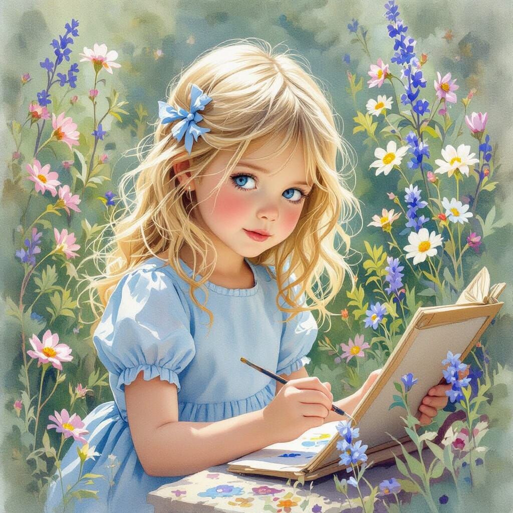 Whimsical Girl Painting Flowers in Watercolor Style