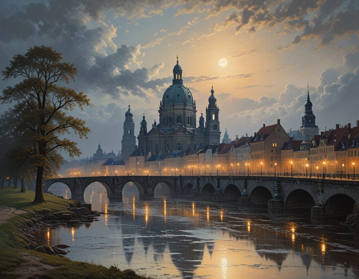 Moonlit Dresden Oil Painting in Romantic Style