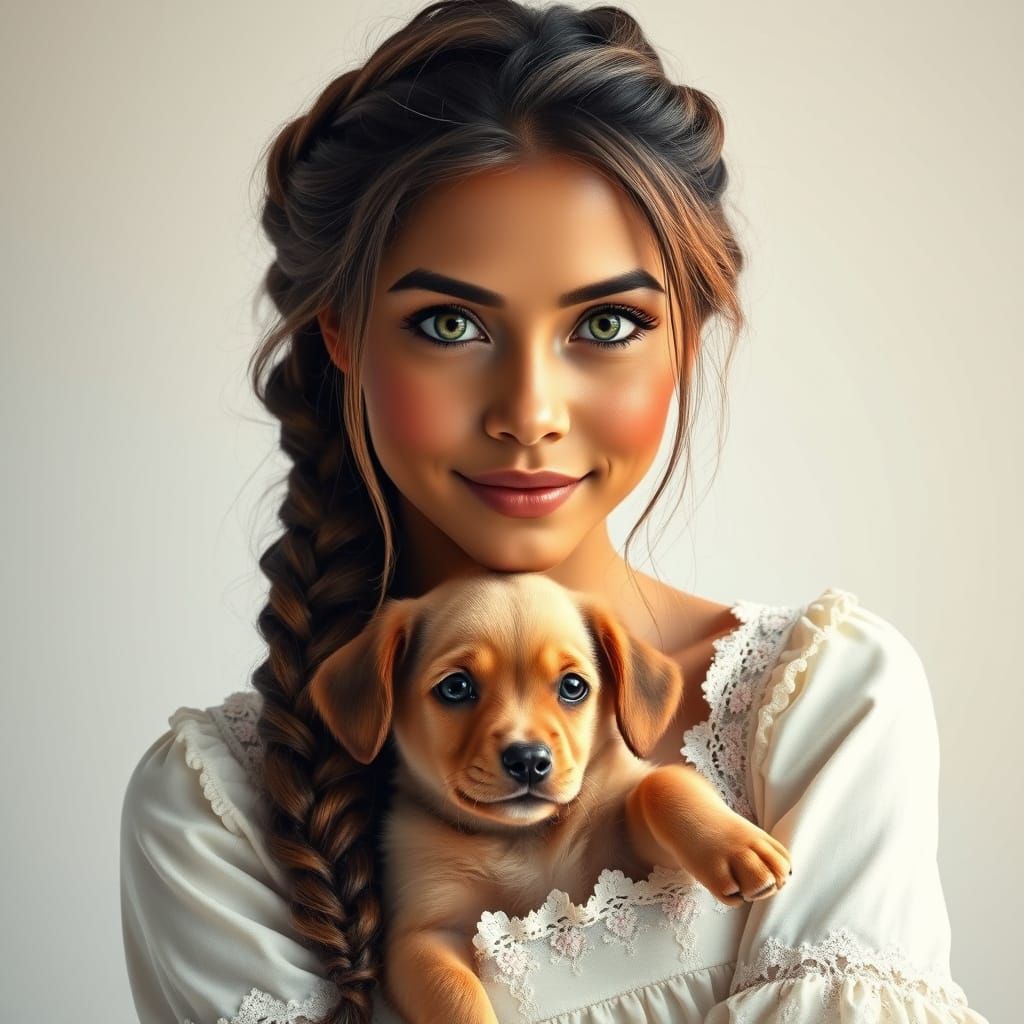 Ultra-Realistic Latina Woman and Her Adorable Puppy in a Sof...